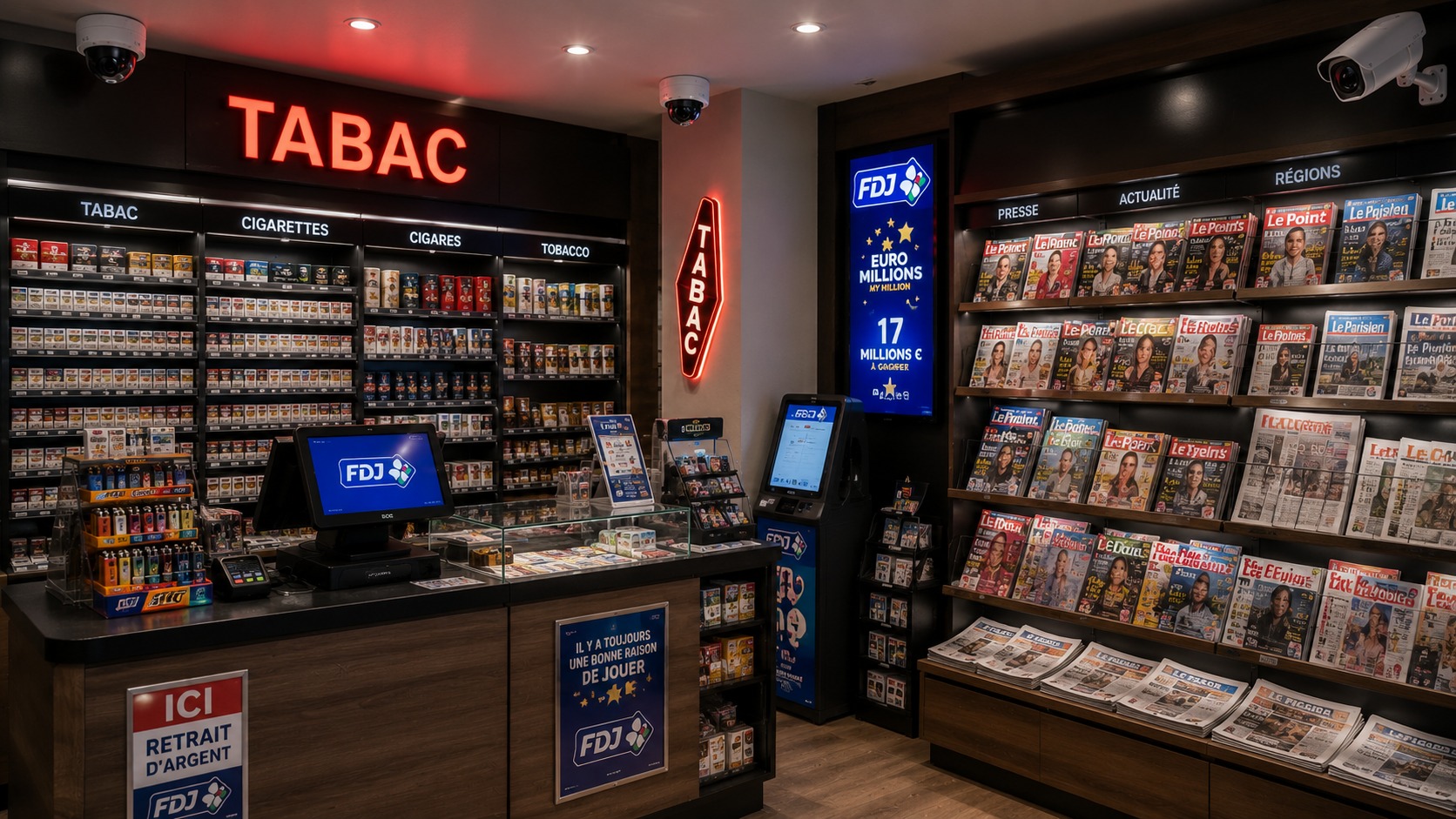Caméras et caisse sécurisée dans un bureau de tabac